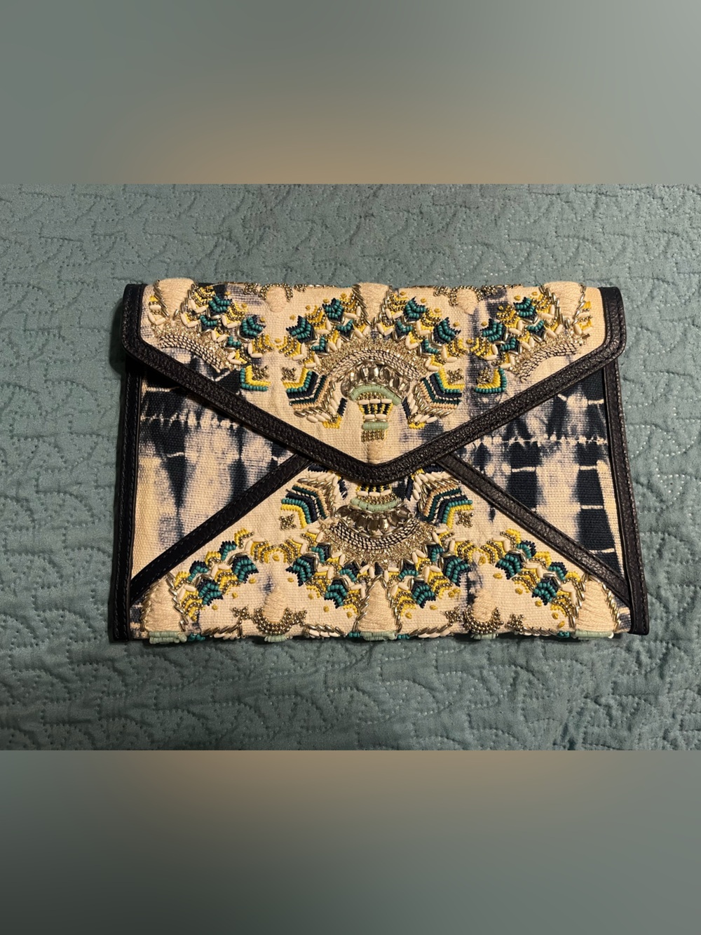 Rebecca Minkoff Embroidered Accent Pouch in Cream, Teal, Yellow, and Black